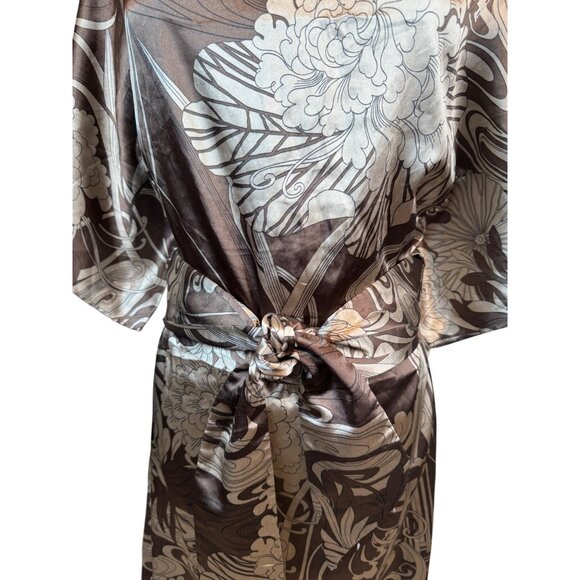 2/$30 ZARA Basic M Brown Taupe Ivory Floral Print Kimono Satiny Dress - Picture 6 of 16